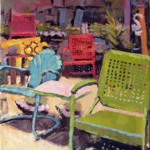 Catherine Drabkin Chair and Benches Found Object Garden oil on linen 12 x 12 inches