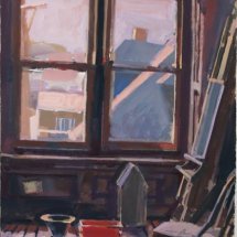 Catherine Drabkin Studio with Red Bucket gouache on paper 14 x 10 inches