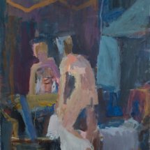 Janice Nowinski Woman Dressing in Front of Mirror oil on linen 20 x 16 inches
