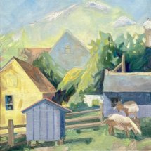 Lou Schellenberg Goats on Front Street oil on linen 20 x 20 inches