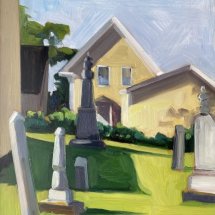 Lou Schellenberg Saint Norberts and Yellow House oil on panel 14 x 11 inches