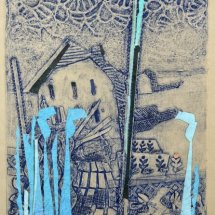 Catherine Drabkin Farmhouse Dooryard with Tendrils collagraph chine colle collage 14 x 11 inches