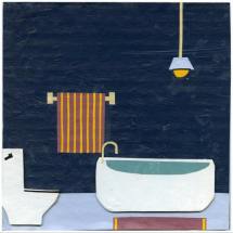 Clara Kewley Bathroom with Striped Towel painted paper collage and cardboard 6 x 6 inches