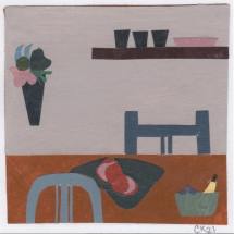 Clara Kewley Kitchen Table with Peaches painted paper collage 2.875 x 2.875 inches