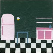 Clara Kewley Kitchen with Checkered Floor 2022 painted paper collage on cardboard 6 x 6 inches
