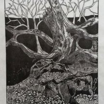 11 Gene Shaw Rocks and Trees woodcut 22.75 x 18.5 inches