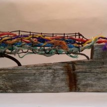 8 Gene Shaw Speeding Lobster Boat , driftwood, rusted lobster trap colored trap rope 8 x 26 x 3.5 inches wire