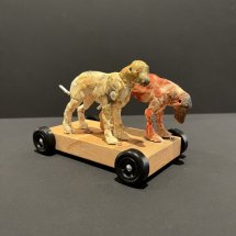 Jeff-Geib-Double-Dog-Cart-clay-sculpture-wood-wheels-4-x-5.75-x-4.5-inches