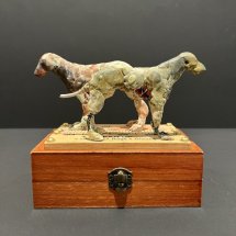 Jeff-Geib-Two-Dogs-with-Box-clay-sculpture-rulers-wood-box-5.75-x-5.75-x-3.25-inches