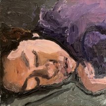 Yiting Zhao Sister Sleeping in Purple Shirt oil on linen mounted on board 5 x 5 inches