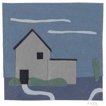 Clara Kewley House at Dusk painted paper collage 2.875 x 2.875 inches