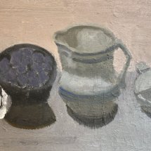 E. M. Saniga Still Life with Four Objects oil on panel 7.25 x 12 inches
