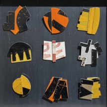 Gene-Shaw-Brooches-from-Metal-Signs-wearable-metal-assemblages-various-sizes