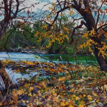 Robert Bitts Autumn River View acrylic on canvas 30 x 65 inches SOLD