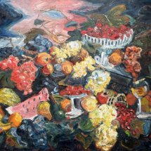 Ruth Bernard Fruit Still Life with Vista oil on linen 38 x 44 inches