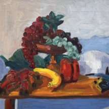 Ruth Bernard Still Life with Eggplant oil on linen 14 x 30 inches