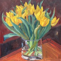 Ruth Bernard Yellow Tulips oil on canvas 16 x 16 inches