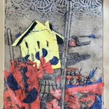 Catherine Drabkin Farmhouse collagraph with collage 14 x 11 inches