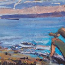 Aaron Lubrick Autum Bathing With Passing Barge oil on panel 21.5 x45.25inches